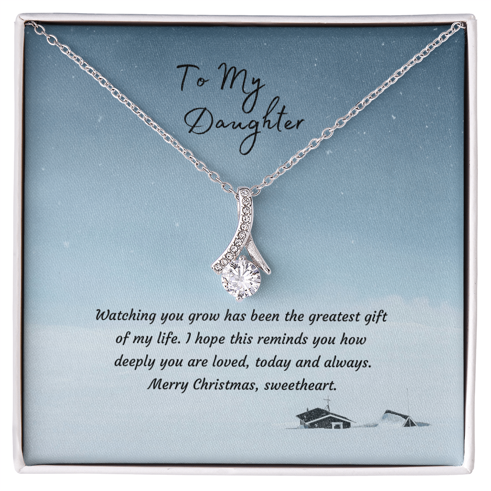Alluring Beauty Necklace, 14K White Gold or 18K Yellow Gold Finish, Christmas Gift for Daughter - Ribbon Pendant