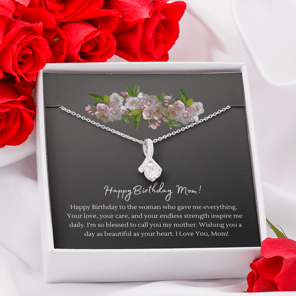 Happy Birthday Mom Necklace | Alluring Beauty Ribbon Pendant | 14K White Gold or 18K Yellow Gold | Birthday Gift for Mom