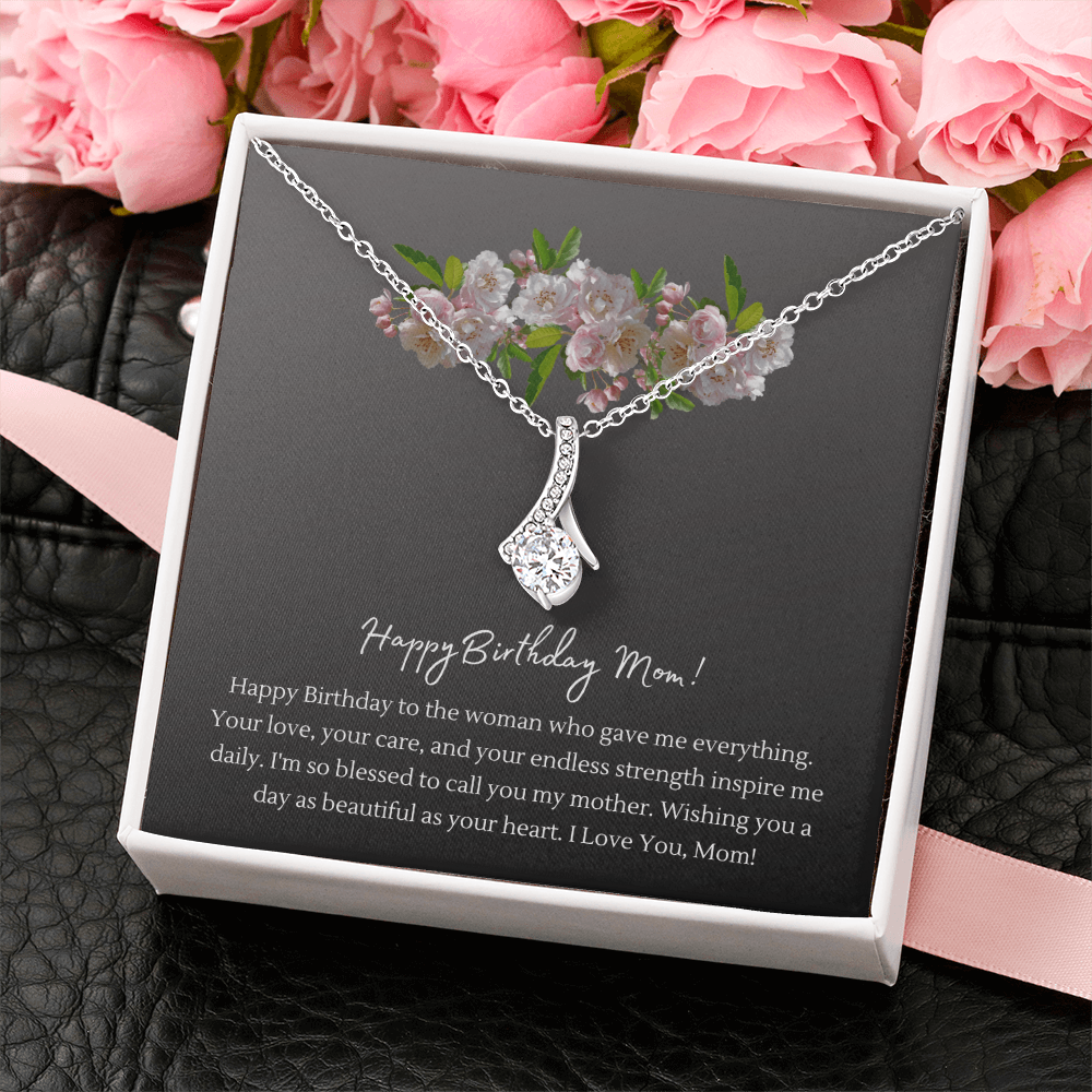 Happy Birthday Mom Necklace | Alluring Beauty Ribbon Pendant | 14K White Gold or 18K Yellow Gold | Birthday Gift for Mom