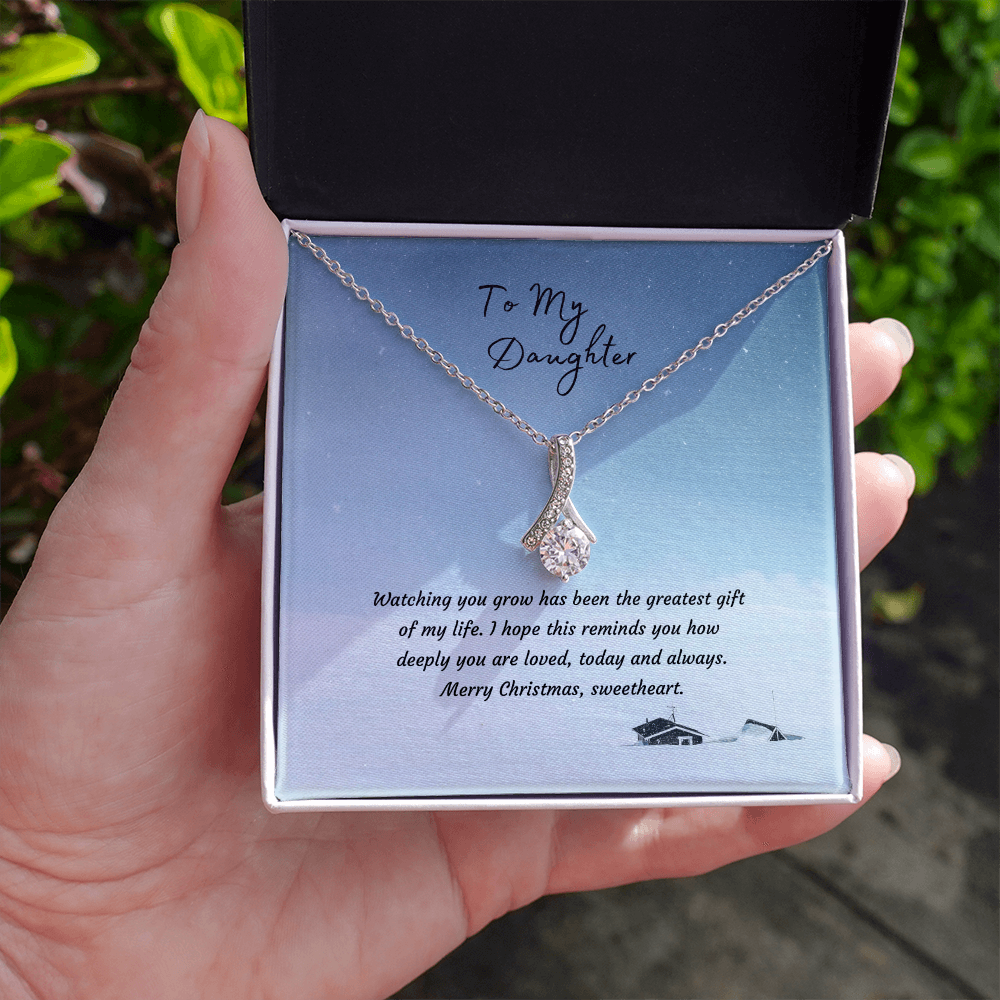 Alluring Beauty Necklace, 14K White Gold or 18K Yellow Gold Finish, Christmas Gift for Daughter - Ribbon Pendant