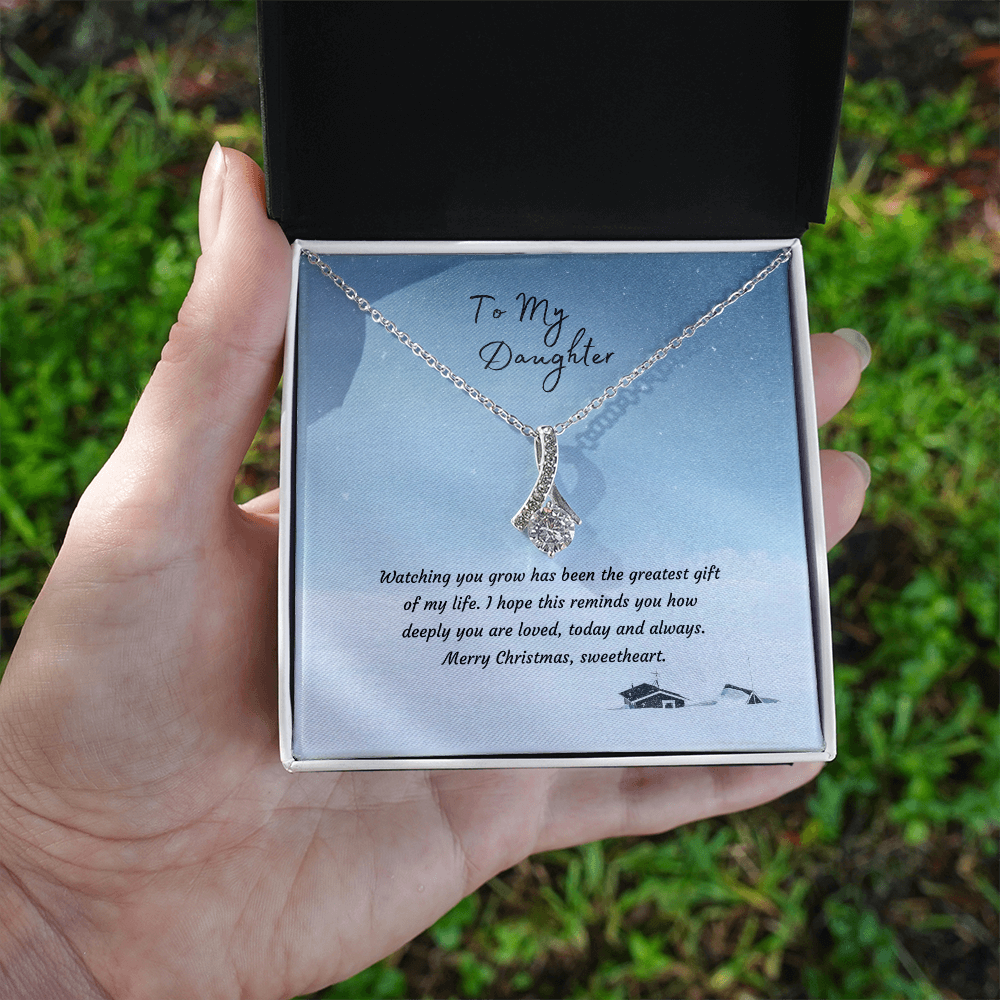 Alluring Beauty Necklace, 14K White Gold or 18K Yellow Gold Finish, Christmas Gift for Daughter - Ribbon Pendant