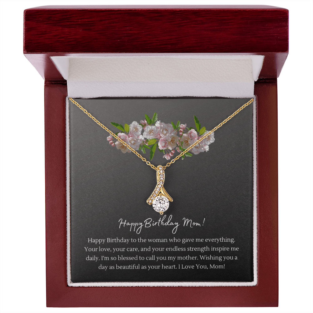 Happy Birthday Mom Necklace | Alluring Beauty Ribbon Pendant | 14K White Gold or 18K Yellow Gold | Birthday Gift for Mom