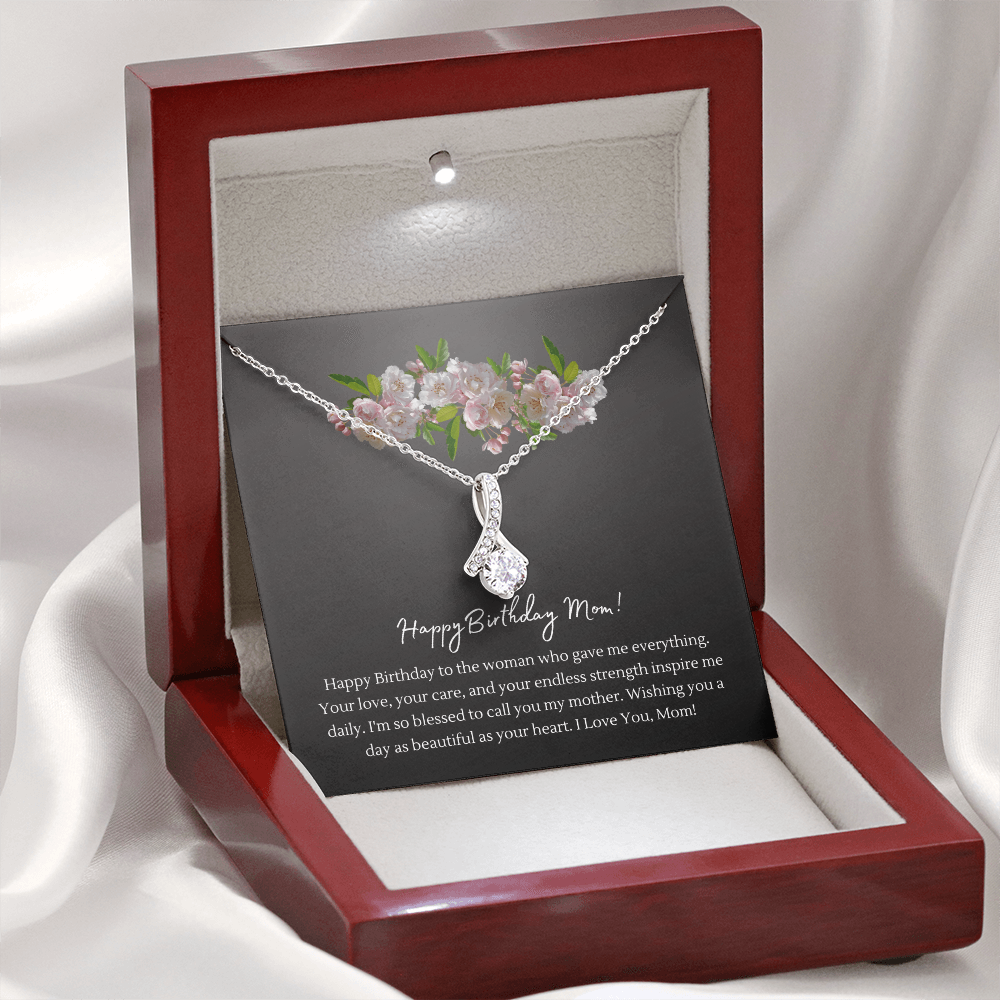 Happy Birthday Mom Necklace | Alluring Beauty Ribbon Pendant | 14K White Gold or 18K Yellow Gold | Birthday Gift for Mom