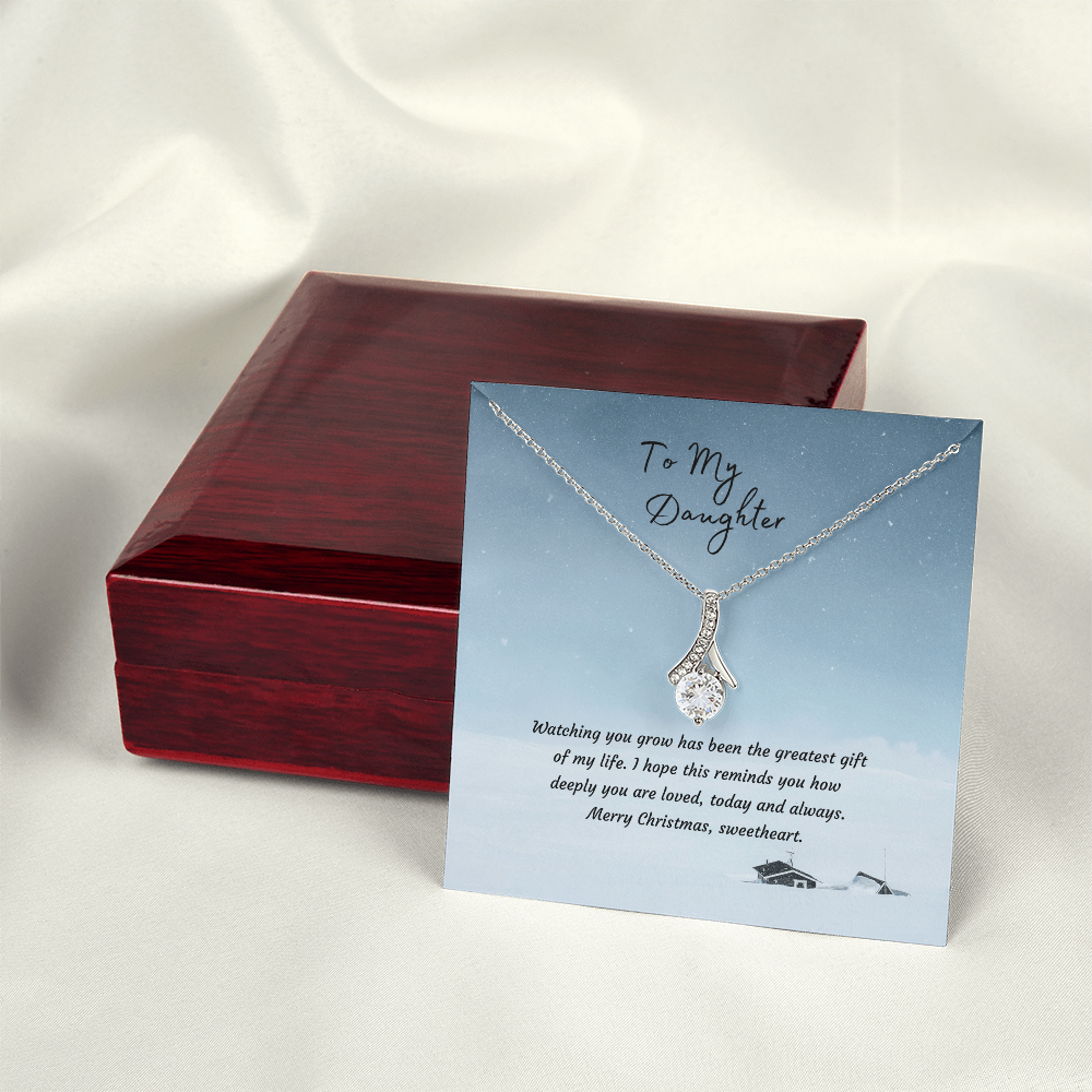 Alluring Beauty Necklace, 14K White Gold or 18K Yellow Gold Finish, Christmas Gift for Daughter - Ribbon Pendant
