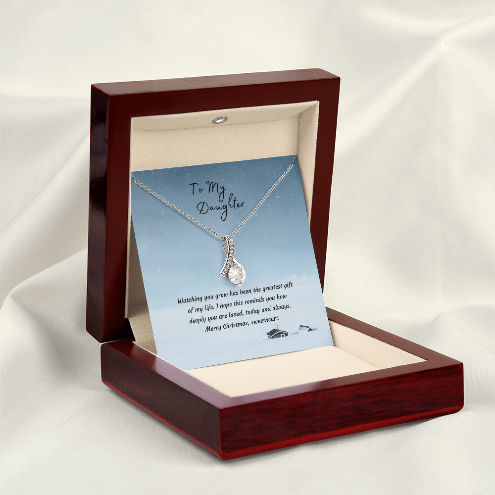 Alluring Beauty Necklace, 14K White Gold or 18K Yellow Gold Finish, Christmas Gift for Daughter - Ribbon Pendant