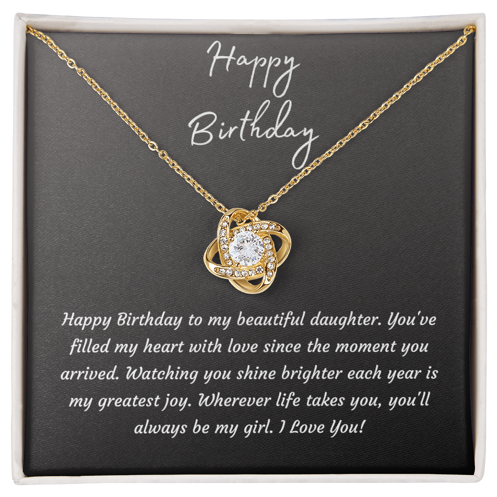 Happy Birthday Daughter Necklace | Love Knot Pendant | 14K White Gold or 18K Yellow Gold over Sterling | Birthday Gift for Daughter