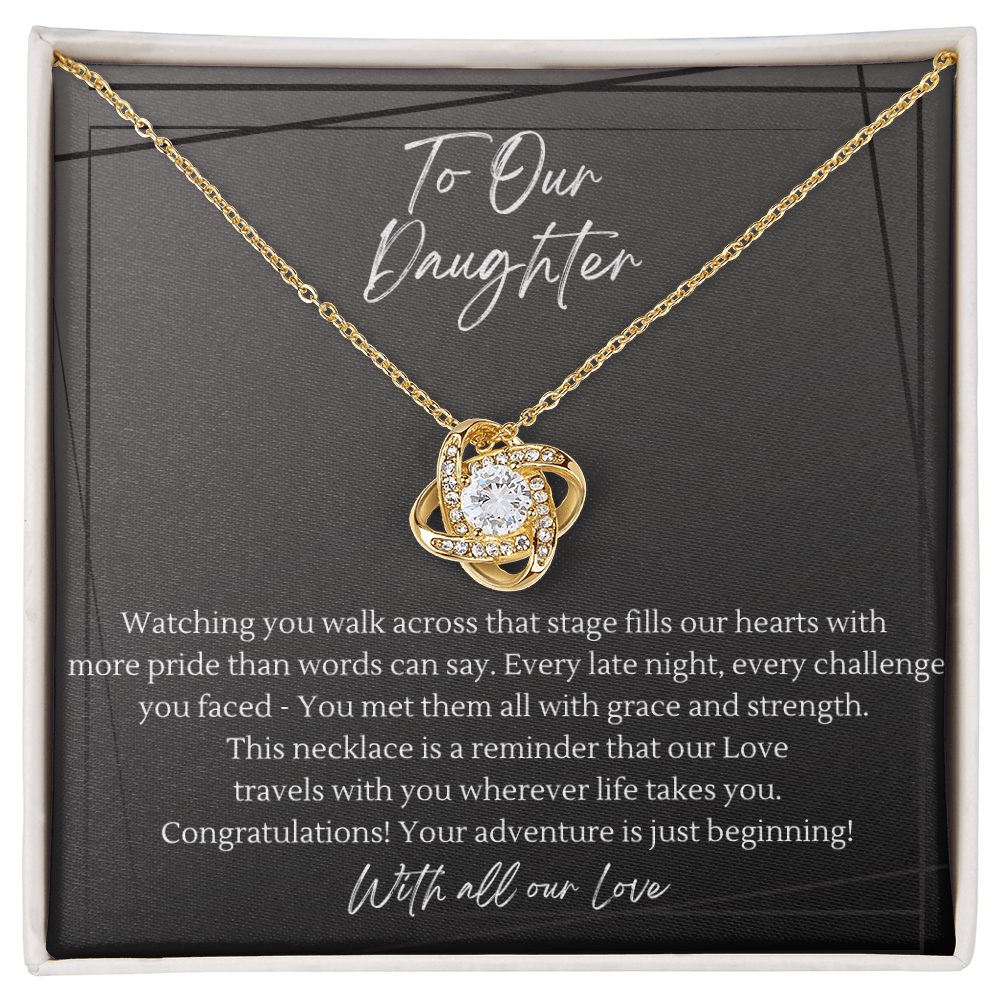 18k Gold love knot necklace on daughter graduation keepsake message card — full sentiment visible, congratulations jewelry gift for daughter in dark gift box