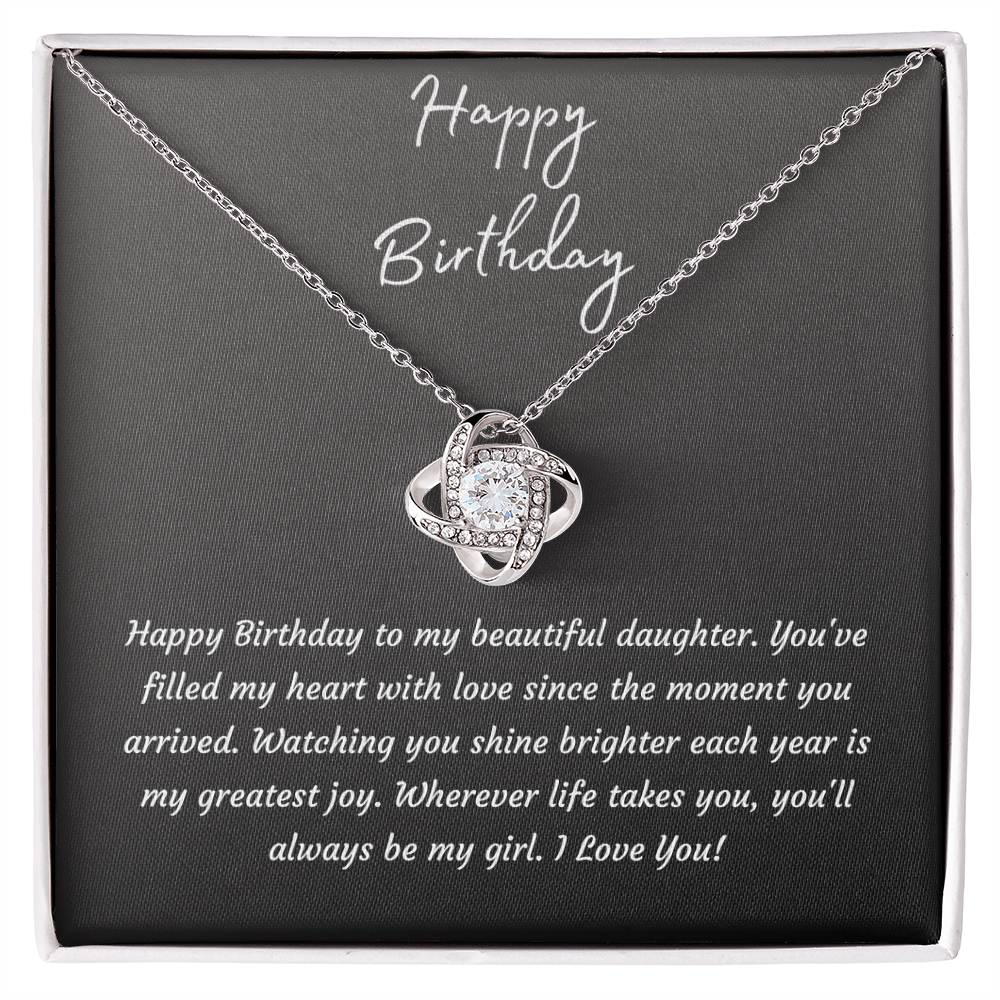 Happy Birthday Daughter Necklace | Love Knot Pendant | 14K White Gold or 18K Yellow Gold over Sterling | Birthday Gift for Daughter