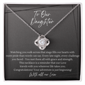 14k white gold plated love knot necklace on daughter graduation keepsake message card — full sentiment visible, congratulations jewelry gift for daughter in white gift box