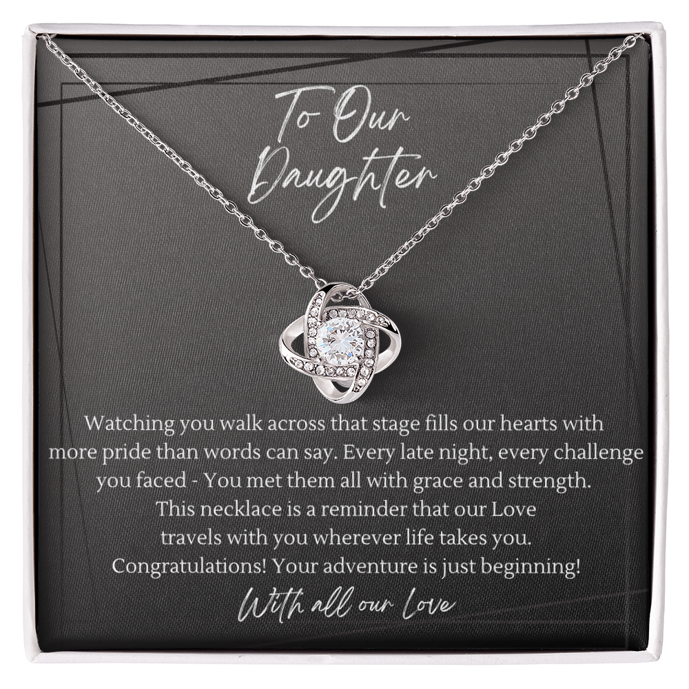 14k white gold plated love knot necklace on daughter graduation keepsake message card — full sentiment visible, congratulations jewelry gift for daughter in white gift box