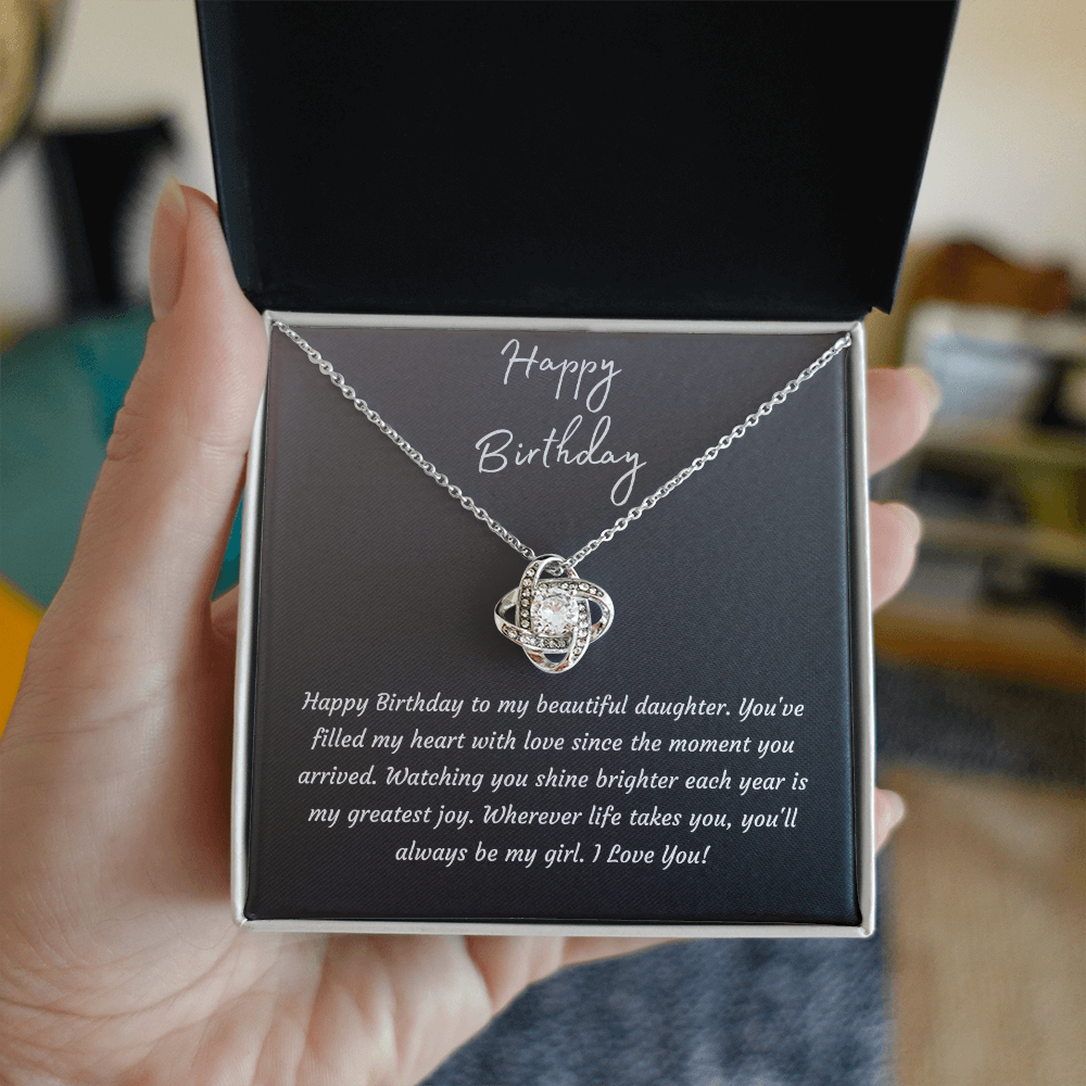 Happy Birthday Daughter Necklace | Love Knot Pendant | 14K White Gold or 18K Yellow Gold over Sterling | Birthday Gift for Daughter