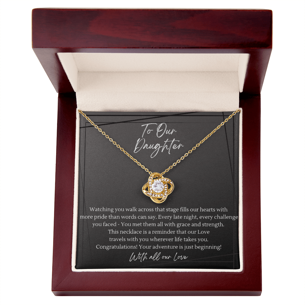 Gold love knot necklace in mahogany luxury gift box — graduation gift for daughter with heartfelt keepsake message card, meaningful jewelry gift for grad