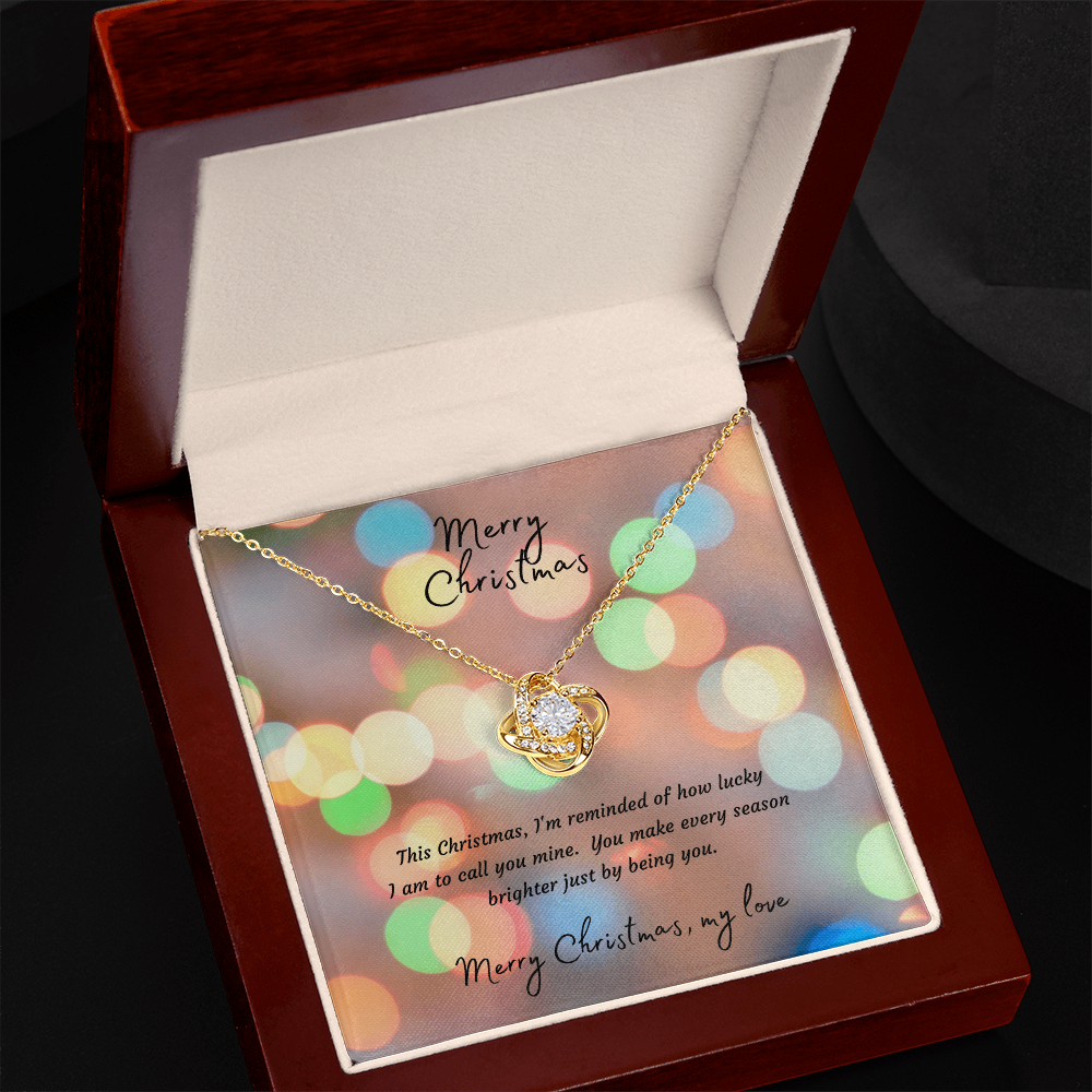 Love Knot Necklace with Christmas Message Card - 14k White or 18k Yellow Gold Finish Interlocking Heart Pendant, Christmas Gift for Wife