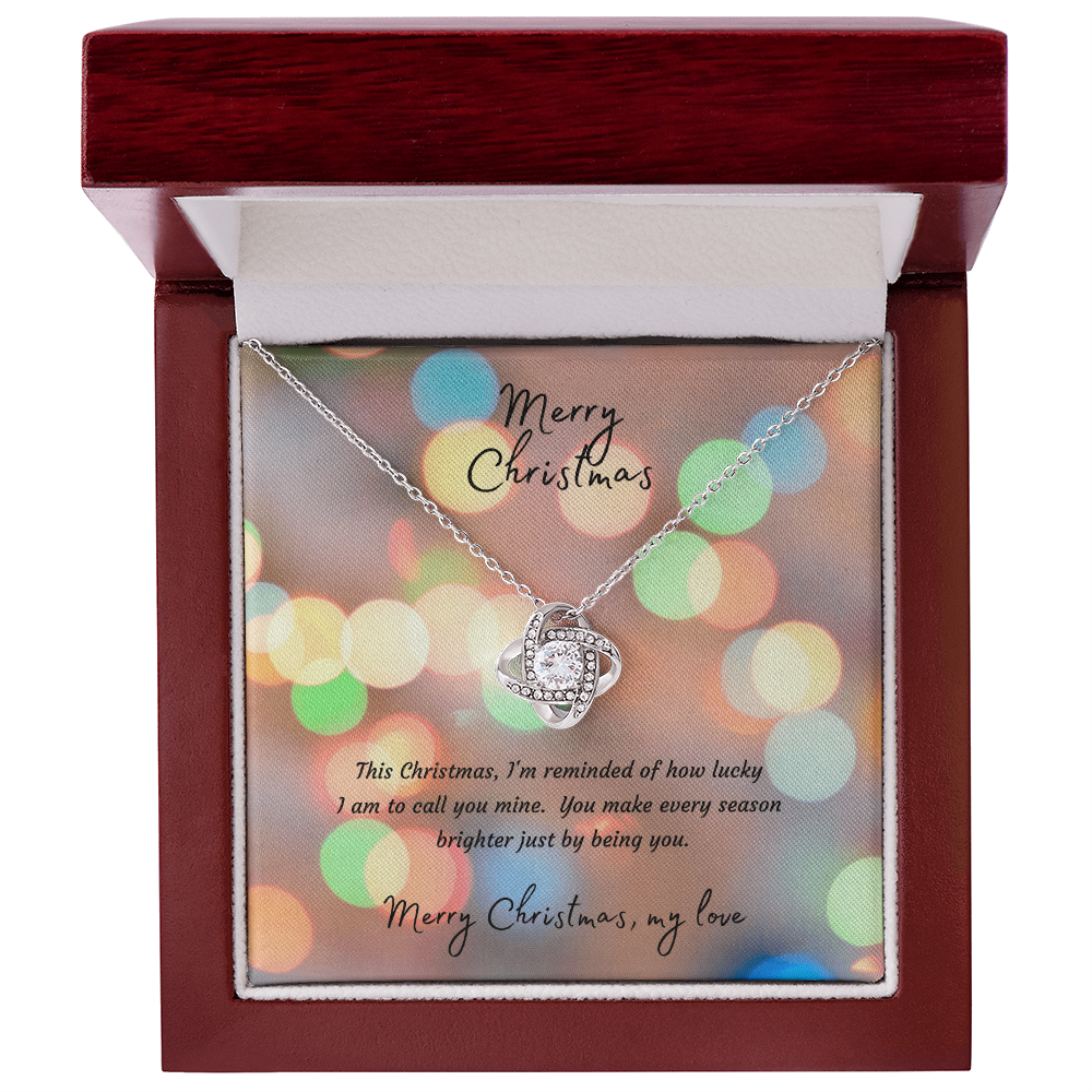 Love Knot Necklace with Christmas Message Card - 14k White or 18k Yellow Gold Finish Interlocking Heart Pendant, Christmas Gift for Wife