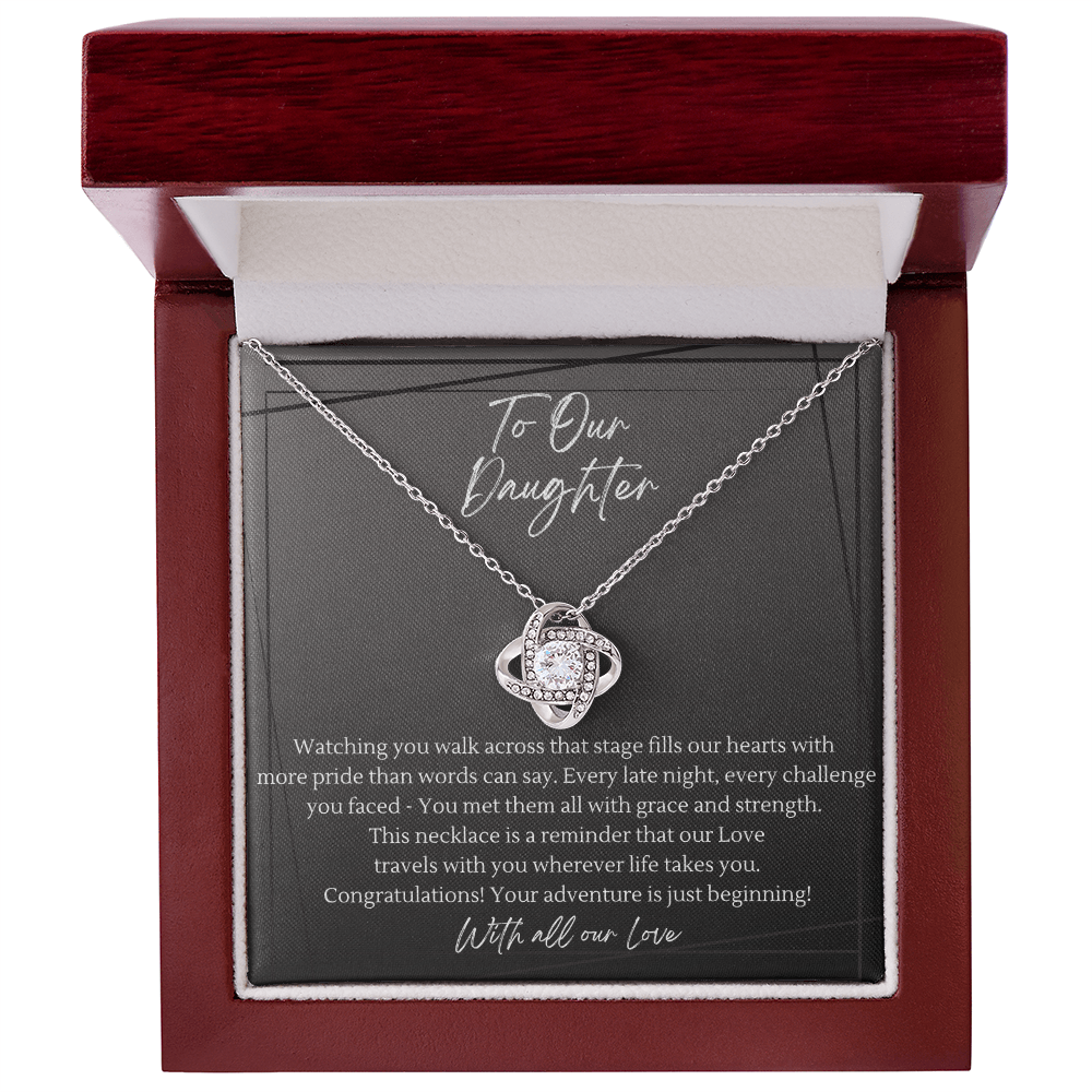 14k white gold plated love knot necklace in mahogany luxury gift box with LED spotlight — graduation gift for daughter with heartfelt keepsake message card, women's jewelry