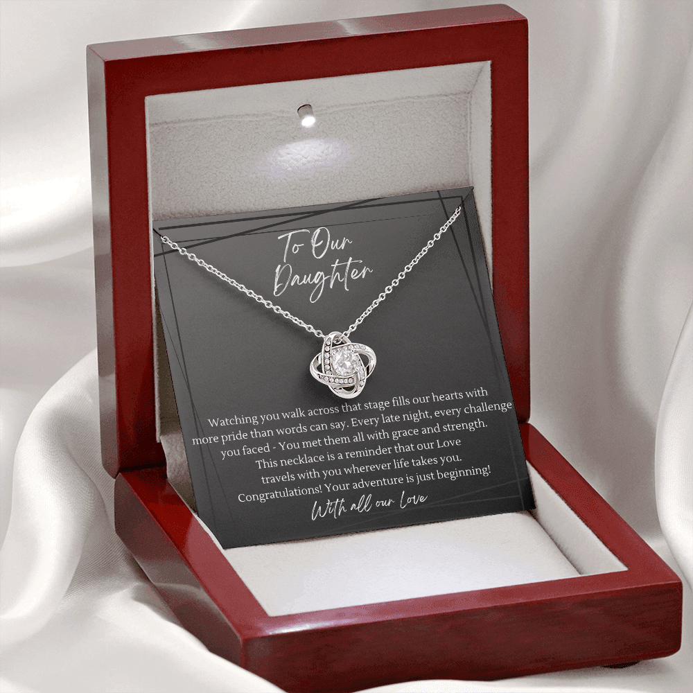 14k White Gold plated love knot necklace in mahogany luxury gift box — graduation gift for daughter with heartfelt congratulations message card and LED spotlight