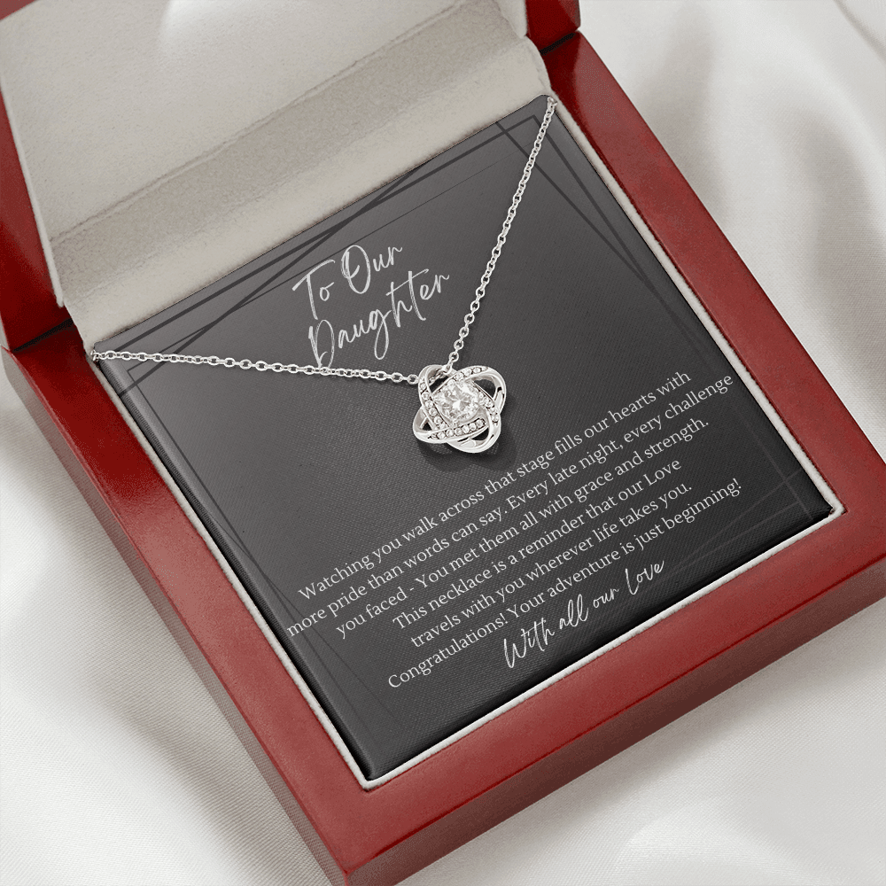 14k White gold plated love knot necklace in open mahogany luxury gift box — graduation gift for daughter with heartfelt congratulations message card, women's jewelry gift