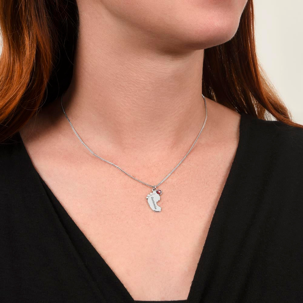 Custom Baby Feet Necklace with Birthstone – Personalized Name Pendant for New Mom, Daughter Gift