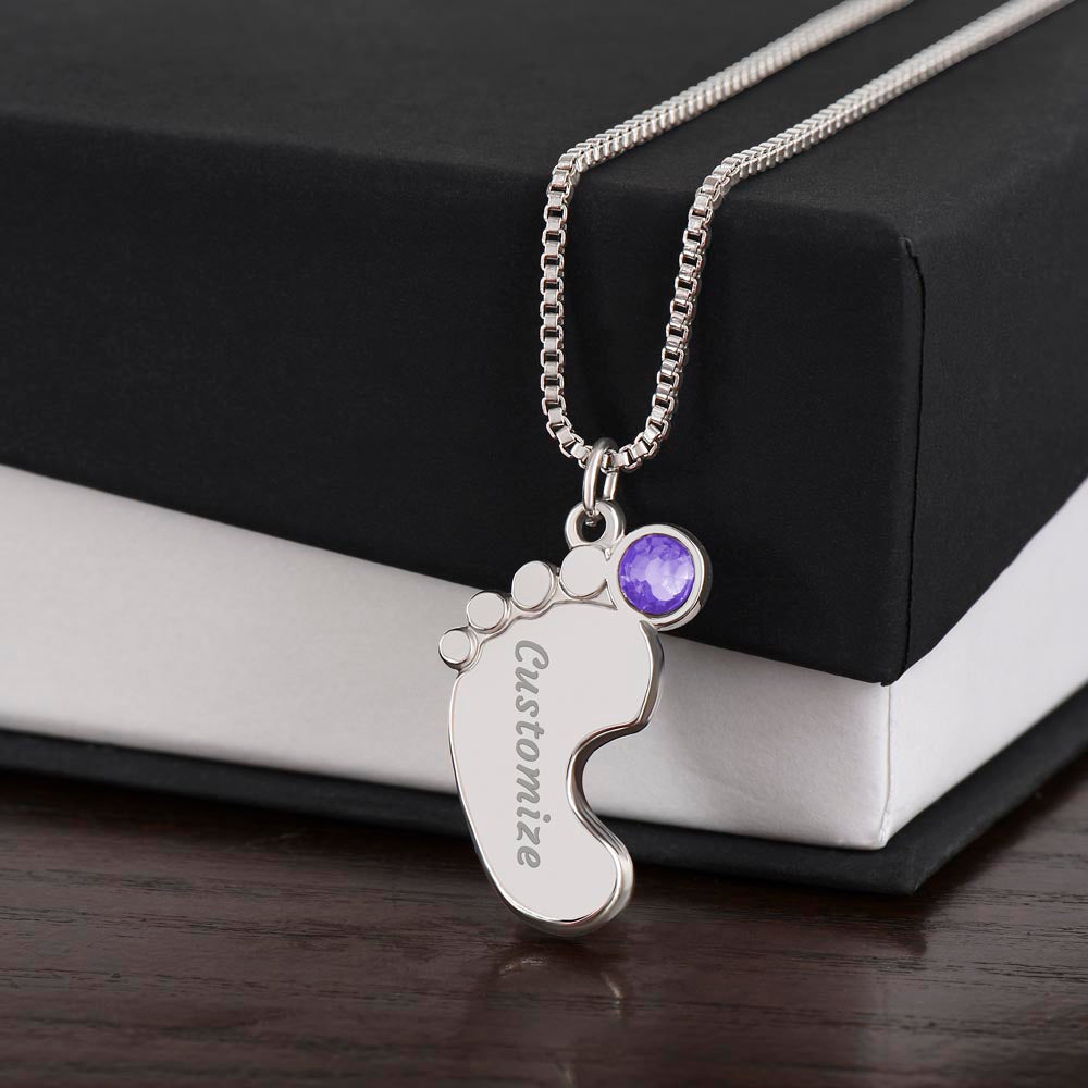 Custom Baby Feet Necklace with Birthstone – Personalized Name Pendant for New Mom, Daughter Gift