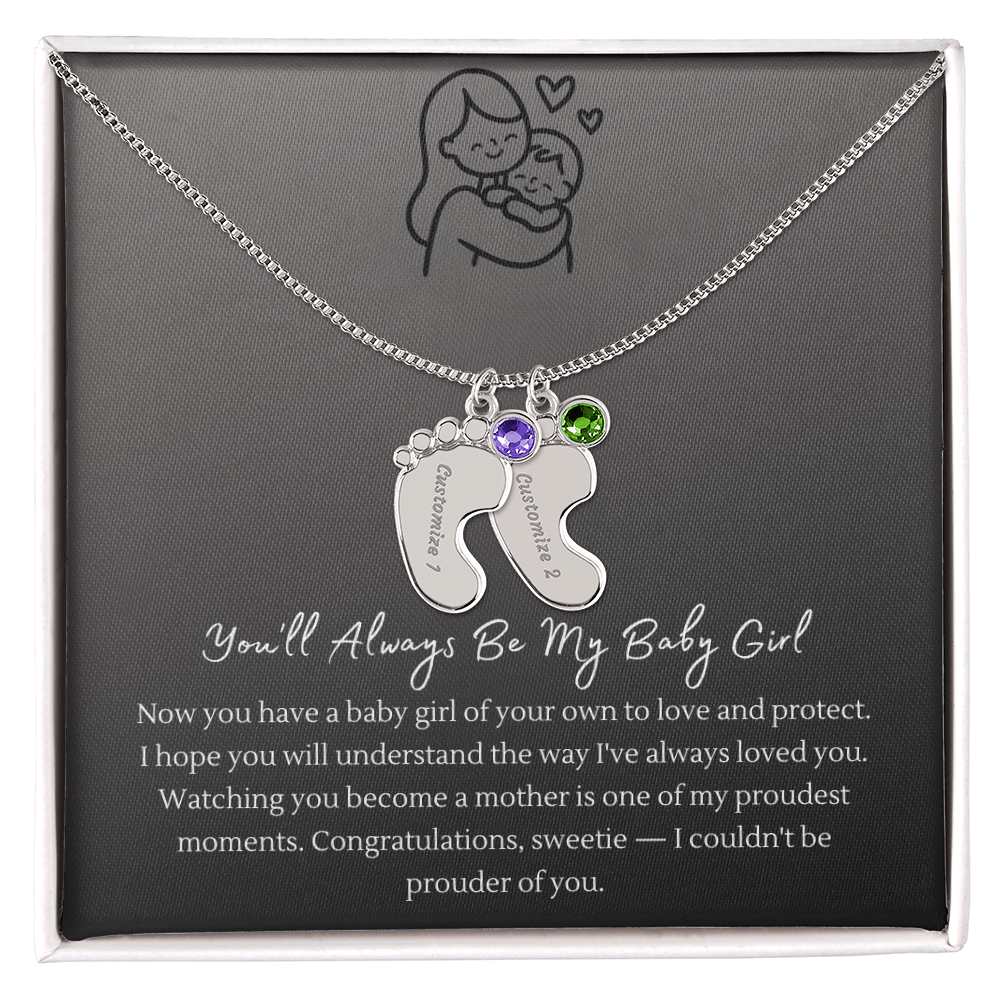 Custom Baby Feet Necklace with Birthstone – Personalized Name Pendant for New Mom, Daughter Gift