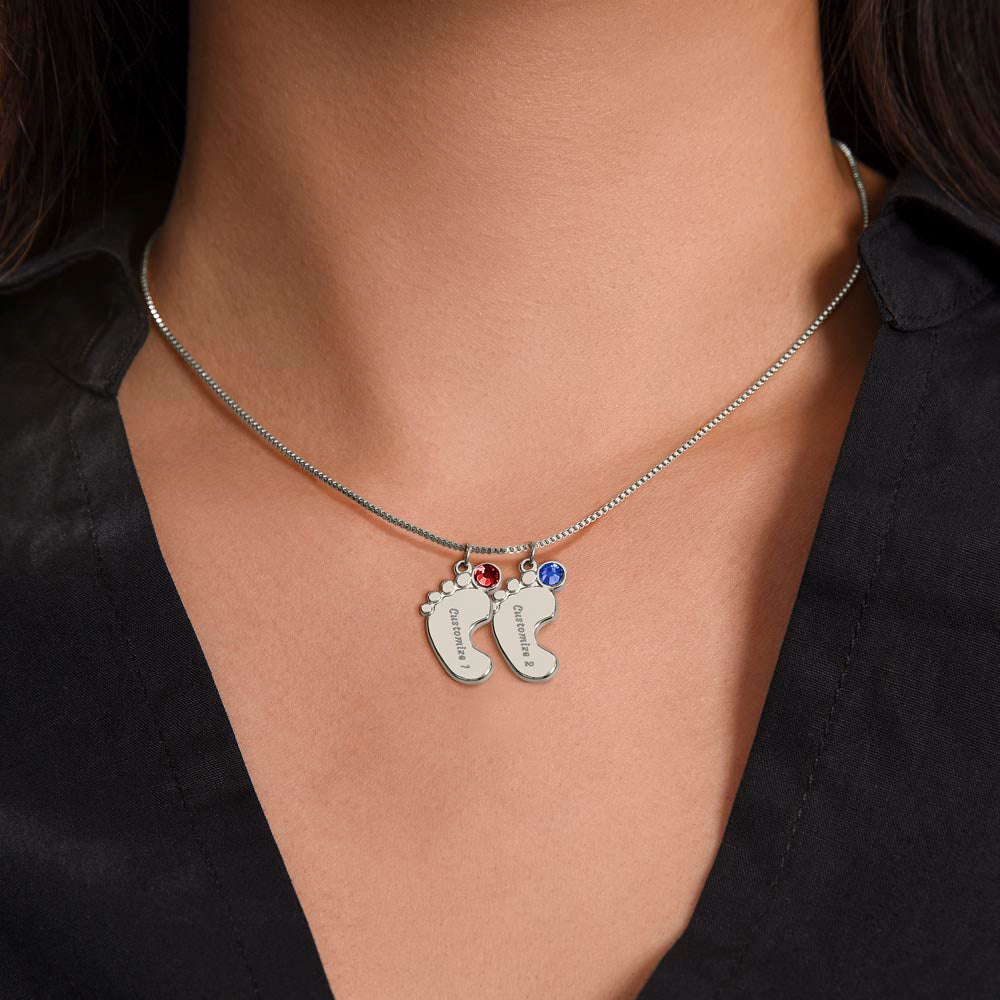Custom Baby Feet Necklace with Birthstone – Personalized Name Pendant for New Mom, Daughter Gift
