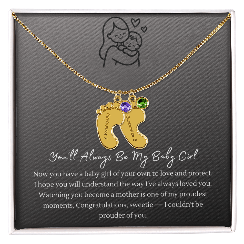 Custom Baby Feet Necklace with Birthstone – Personalized Name Pendant for New Mom, Daughter Gift