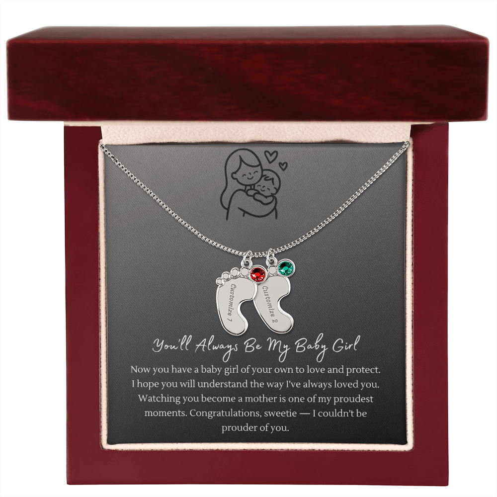 Custom Baby Feet Necklace with Birthstone – Personalized Name Pendant for New Mom, Daughter Gift