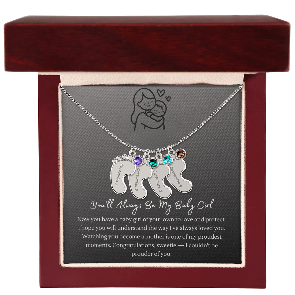 Custom Baby Feet Necklace with Birthstone – Personalized Name Pendant for New Mom, Daughter Gift