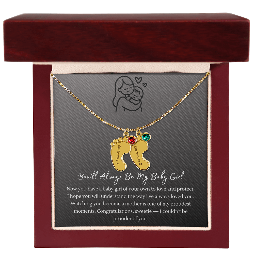 Custom Baby Feet Necklace with Birthstone – Personalized Name Pendant for New Mom, Daughter Gift