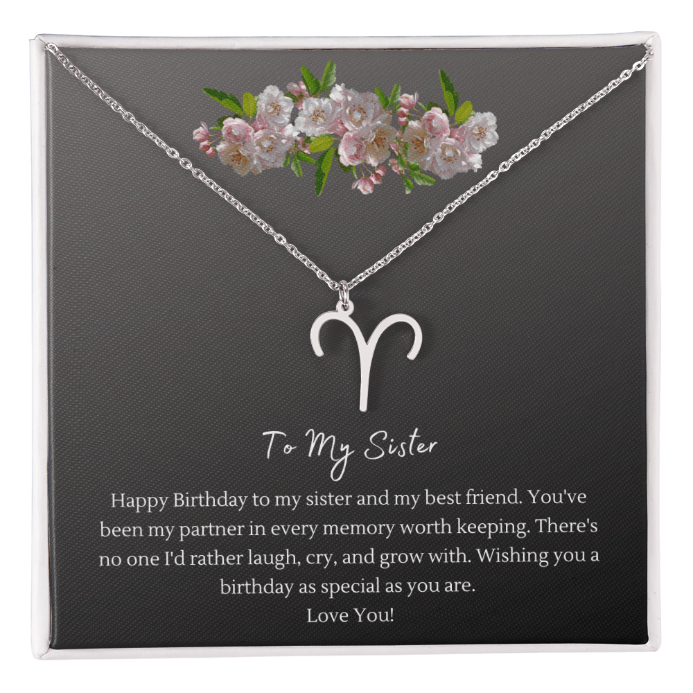 Zodiac Necklace for Sister — Birthday Gift with Message Card, Stainless Steel or 18k Gold