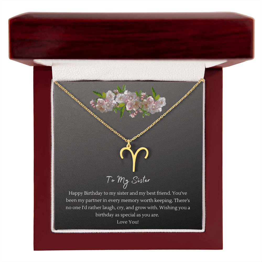 Zodiac Necklace for Sister — Birthday Gift with Message Card, Stainless Steel or 18k Gold