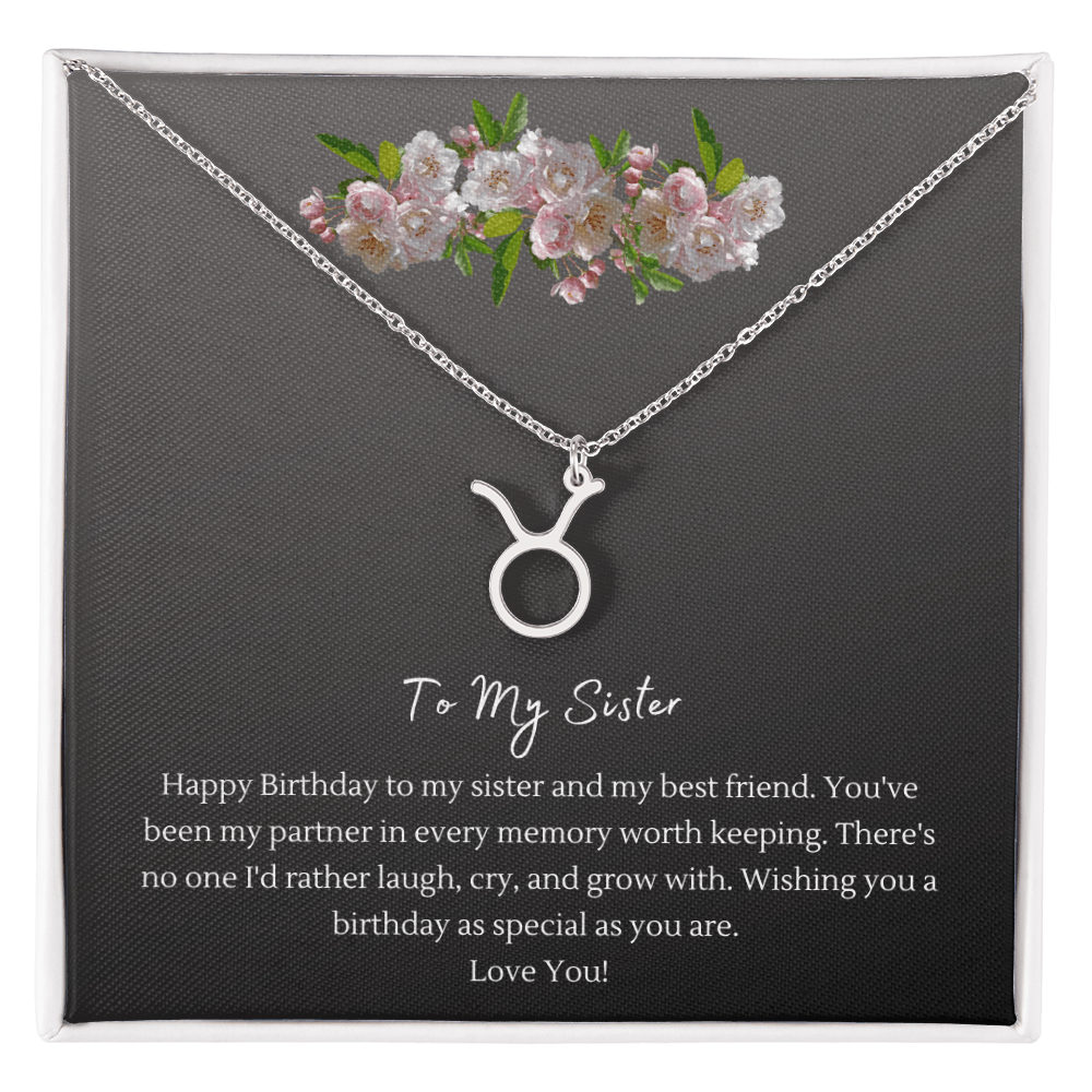 Zodiac Necklace for Sister — Birthday Gift with Message Card, Stainless Steel or 18k Gold