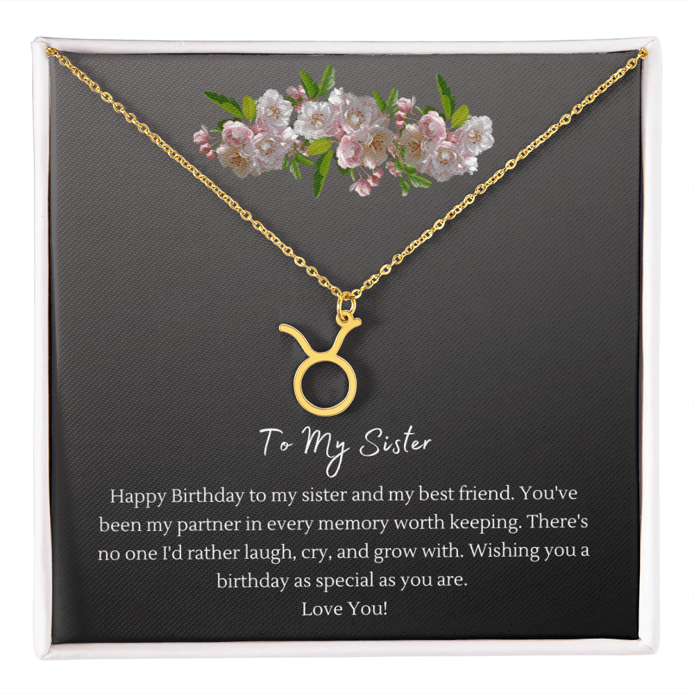 Zodiac Necklace for Sister — Birthday Gift with Message Card, Stainless Steel or 18k Gold