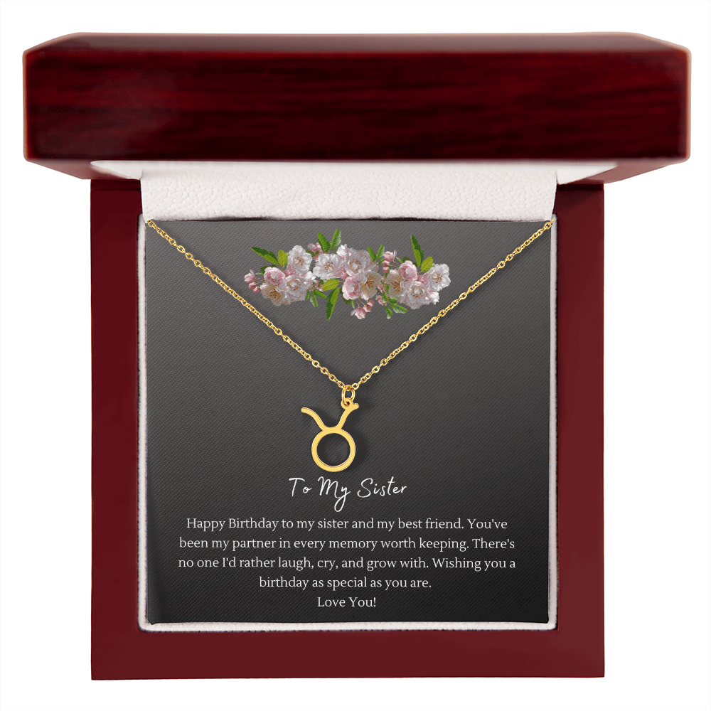 Zodiac Necklace for Sister — Birthday Gift with Message Card, Stainless Steel or 18k Gold