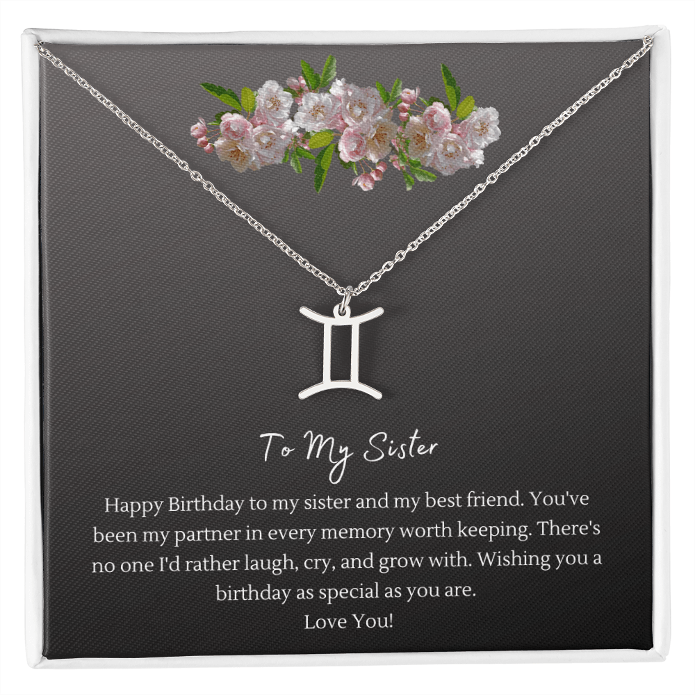 Zodiac Necklace for Sister — Birthday Gift with Message Card, Stainless Steel or 18k Gold