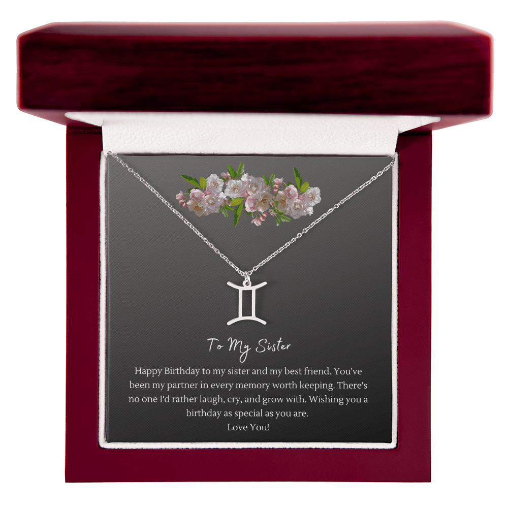 Zodiac Necklace for Sister — Birthday Gift with Message Card, Stainless Steel or 18k Gold