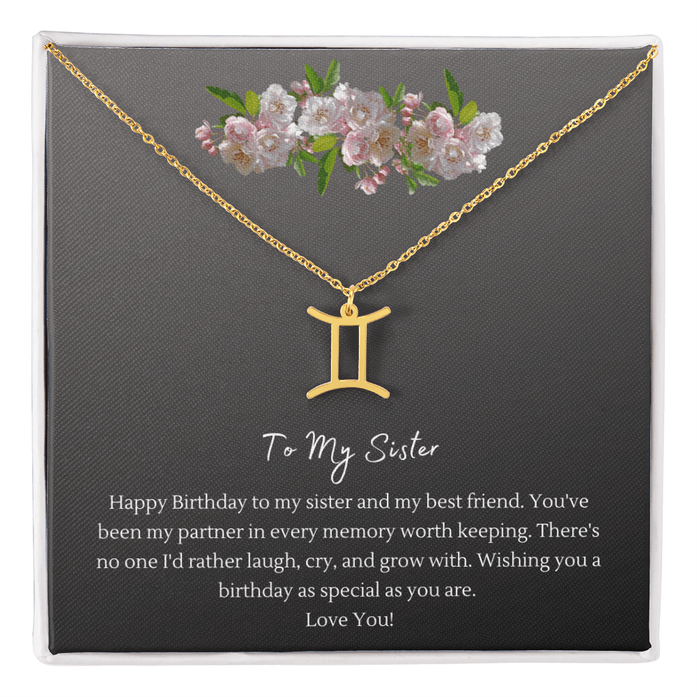 Zodiac Necklace for Sister — Birthday Gift with Message Card, Stainless Steel or 18k Gold