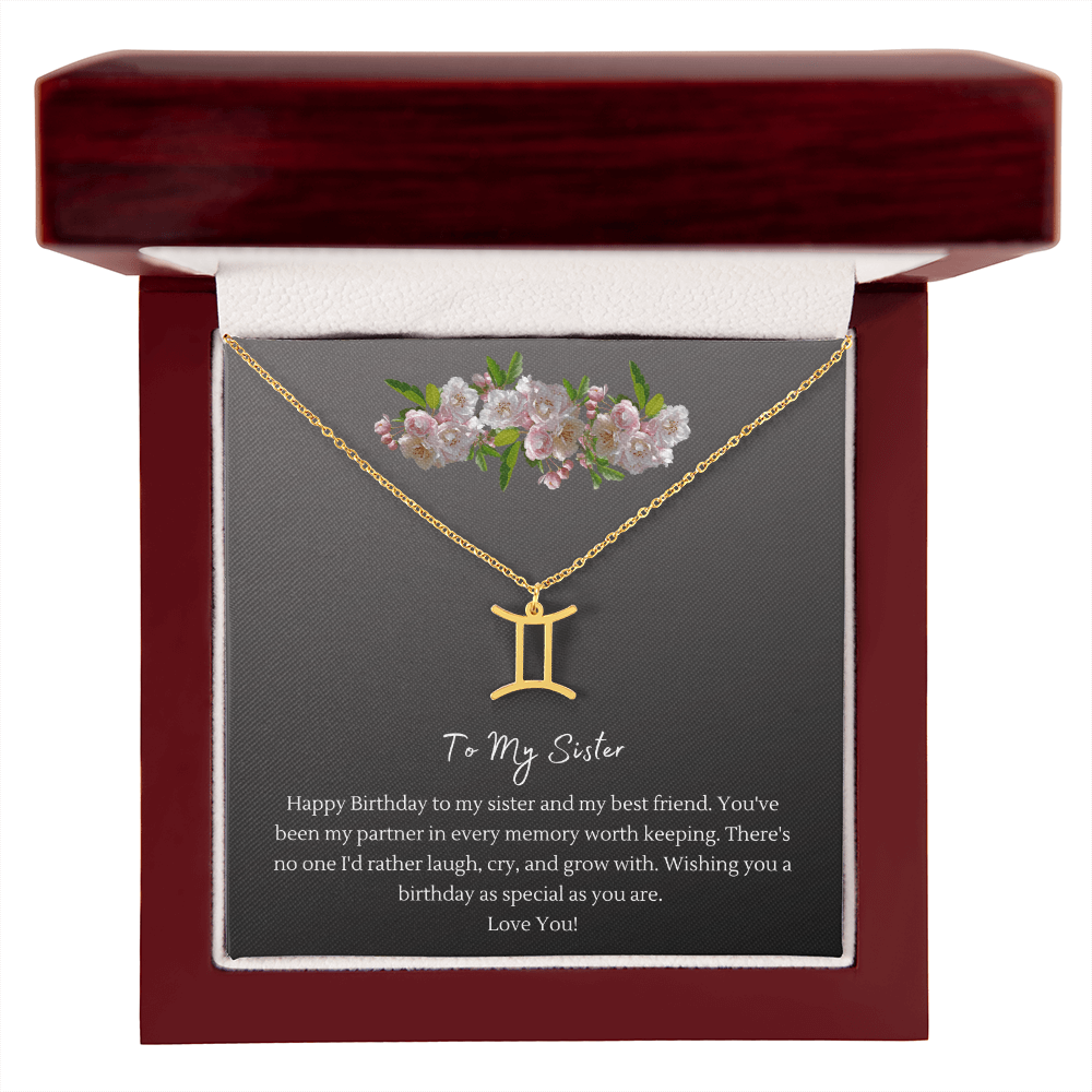 Zodiac Necklace for Sister — Birthday Gift with Message Card, Stainless Steel or 18k Gold
