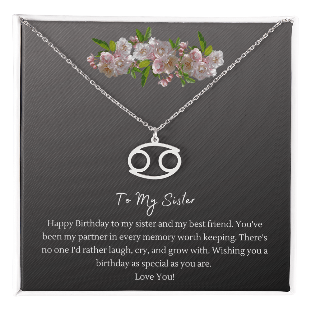 Zodiac Necklace for Sister — Birthday Gift with Message Card, Stainless Steel or 18k Gold
