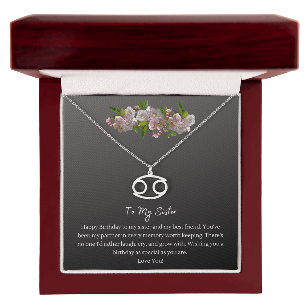 Zodiac Necklace for Sister — Birthday Gift with Message Card, Stainless Steel or 18k Gold