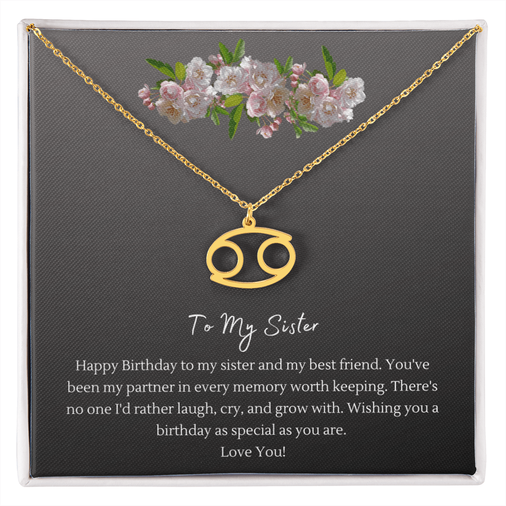 Zodiac Necklace for Sister — Birthday Gift with Message Card, Stainless Steel or 18k Gold