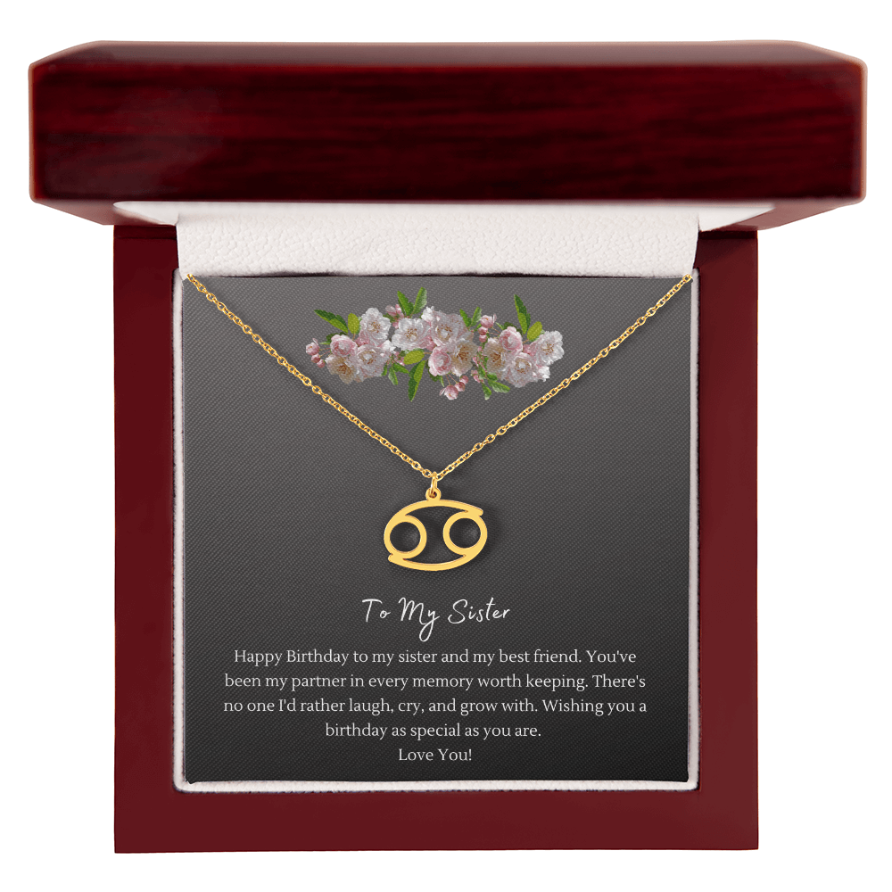 Zodiac Necklace for Sister — Birthday Gift with Message Card, Stainless Steel or 18k Gold