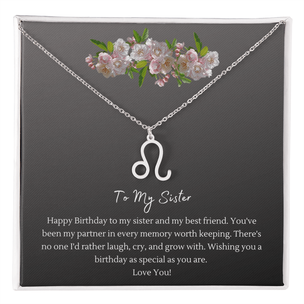 Zodiac Necklace for Sister — Birthday Gift with Message Card, Stainless Steel or 18k Gold