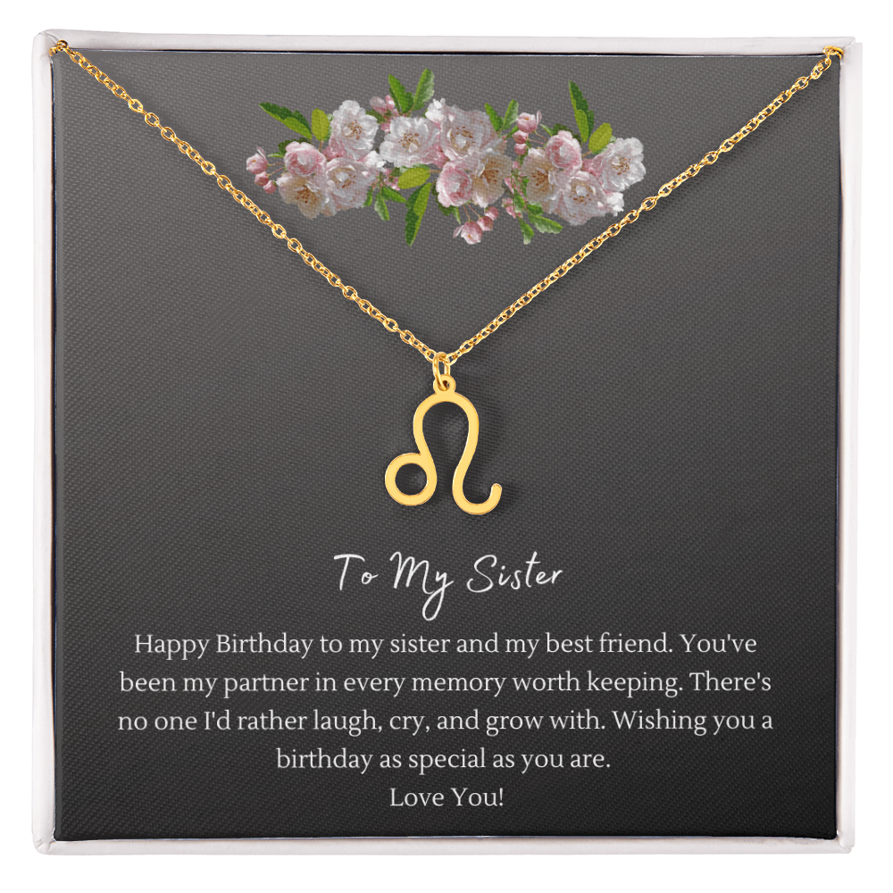 Zodiac Necklace for Sister — Birthday Gift with Message Card, Stainless Steel or 18k Gold