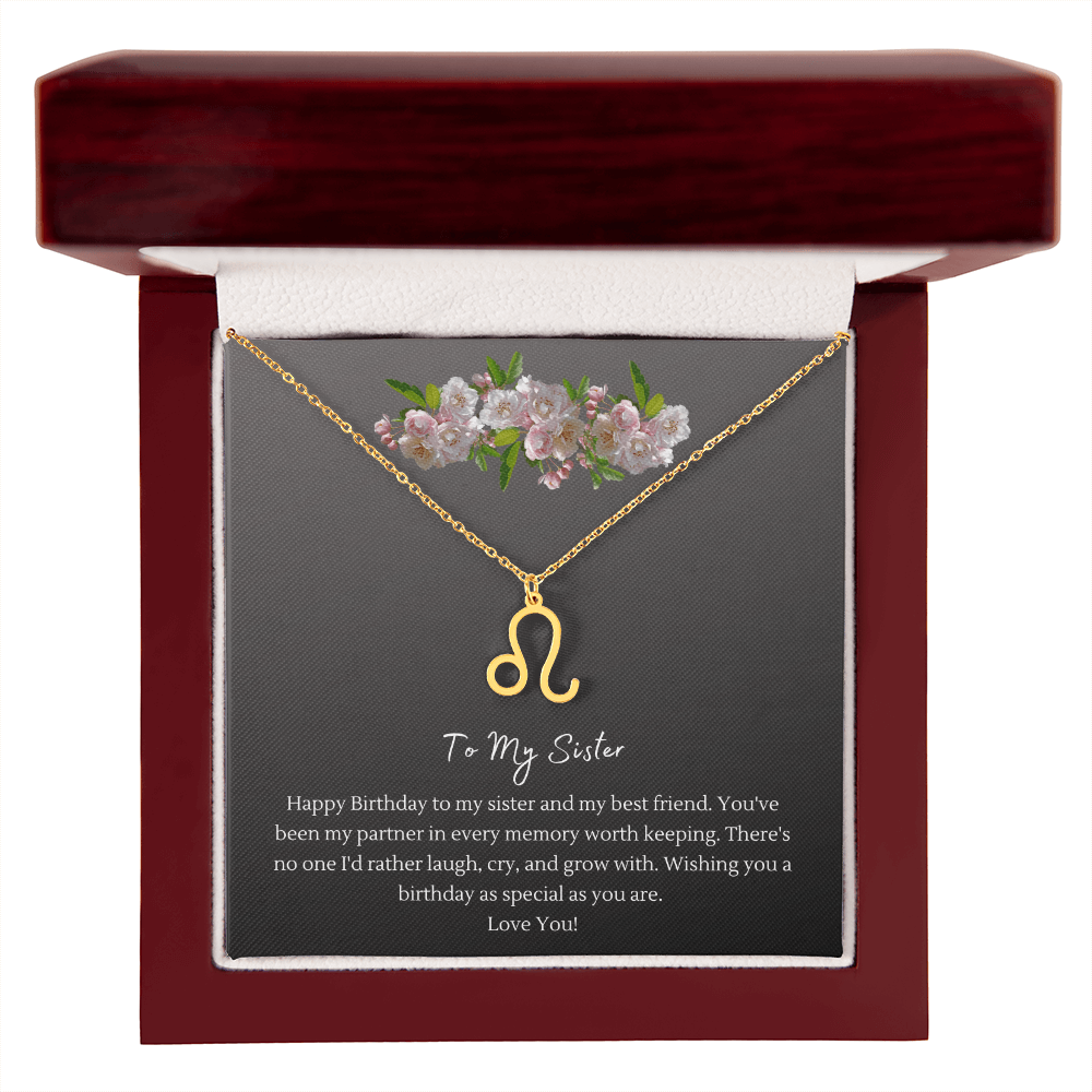 Zodiac Necklace for Sister — Birthday Gift with Message Card, Stainless Steel or 18k Gold