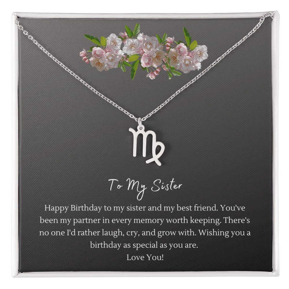 Zodiac Necklace for Sister — Birthday Gift with Message Card, Stainless Steel or 18k Gold