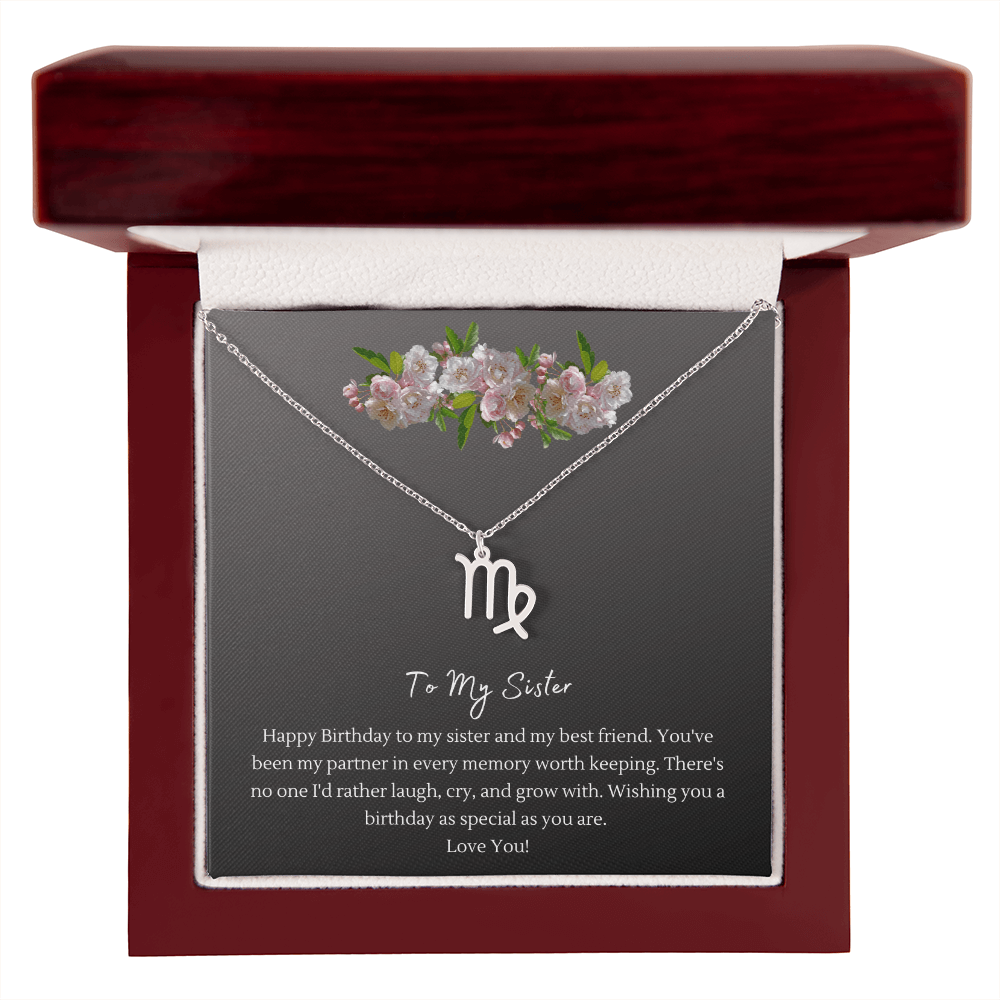 Zodiac Necklace for Sister — Birthday Gift with Message Card, Stainless Steel or 18k Gold