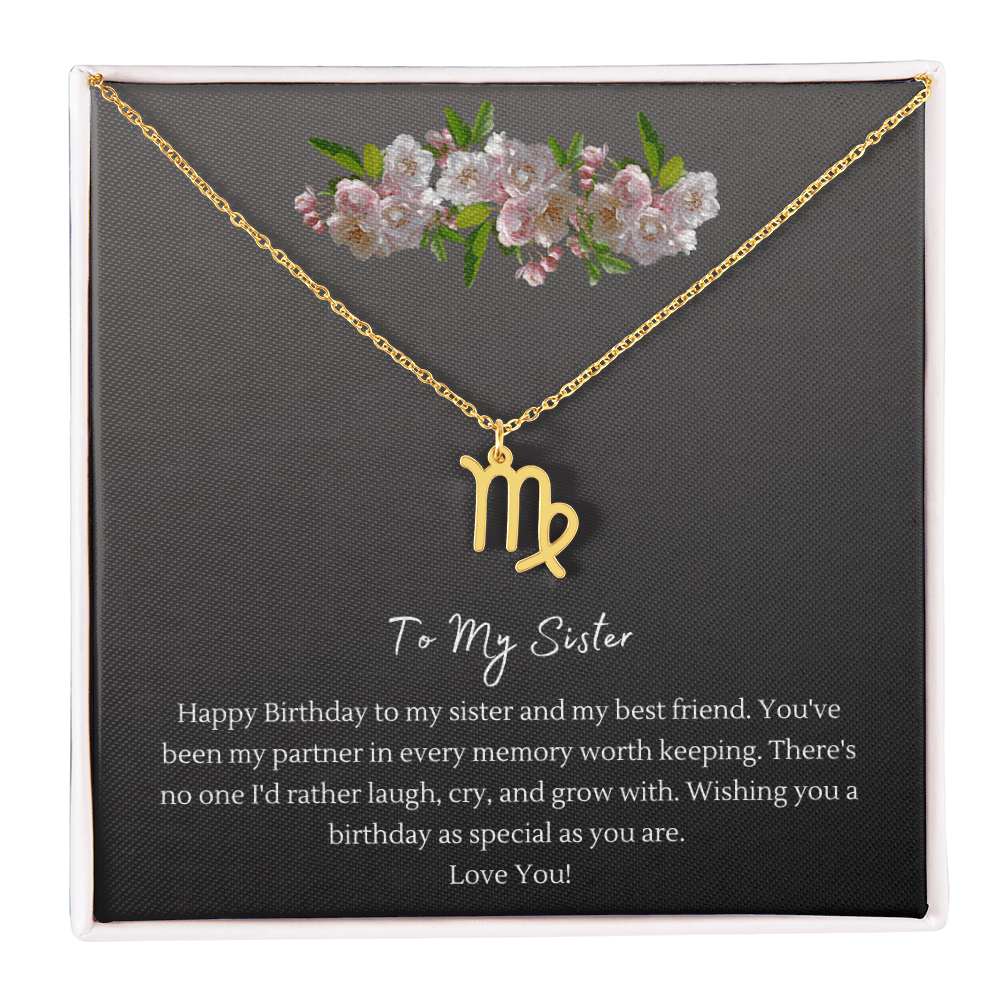 Zodiac Necklace for Sister — Birthday Gift with Message Card, Stainless Steel or 18k Gold