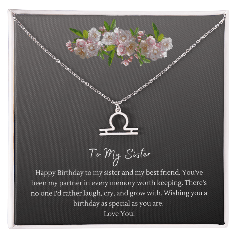 Zodiac Necklace for Sister — Birthday Gift with Message Card, Stainless Steel or 18k Gold