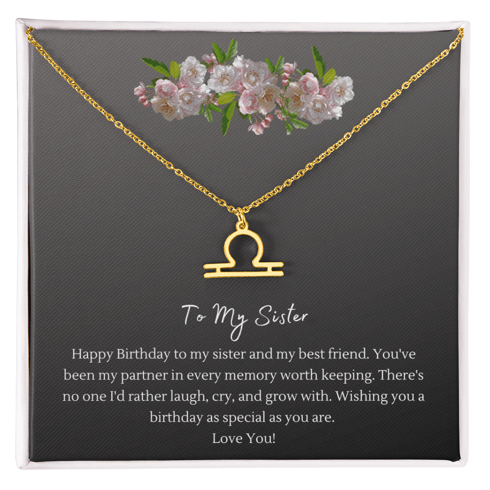 Zodiac Necklace for Sister — Birthday Gift with Message Card, Stainless Steel or 18k Gold